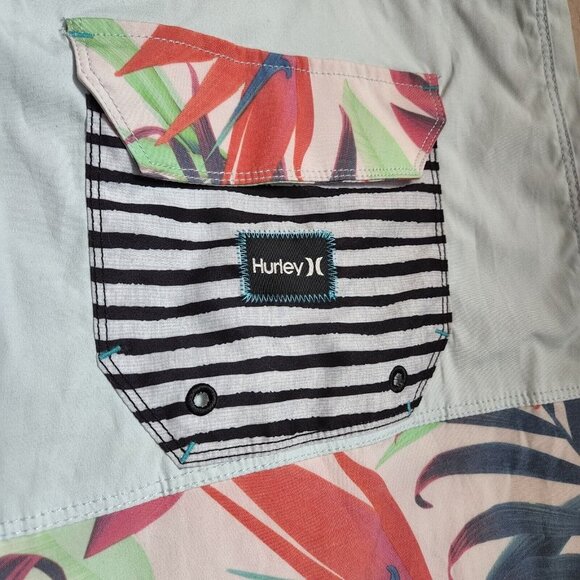 Hurley Men's Board Short‎ Size 36 Blue Multi Leaf Print Tropical Pocket Casual - Picture 4 of 9